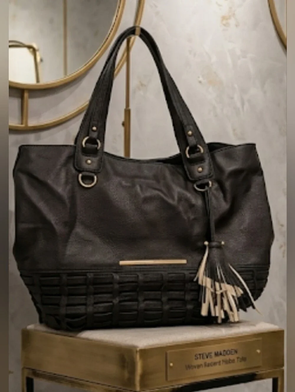 STEVE MADDEN Black Woven Accent Fringe Hobo Tote